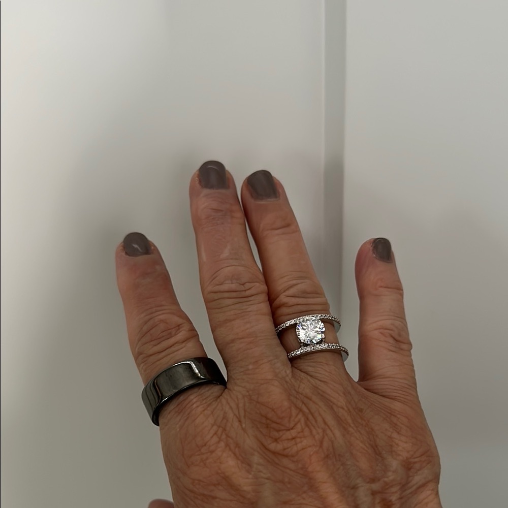 Diamonique Double Band Ring with Center Stone. Sterling Silver
